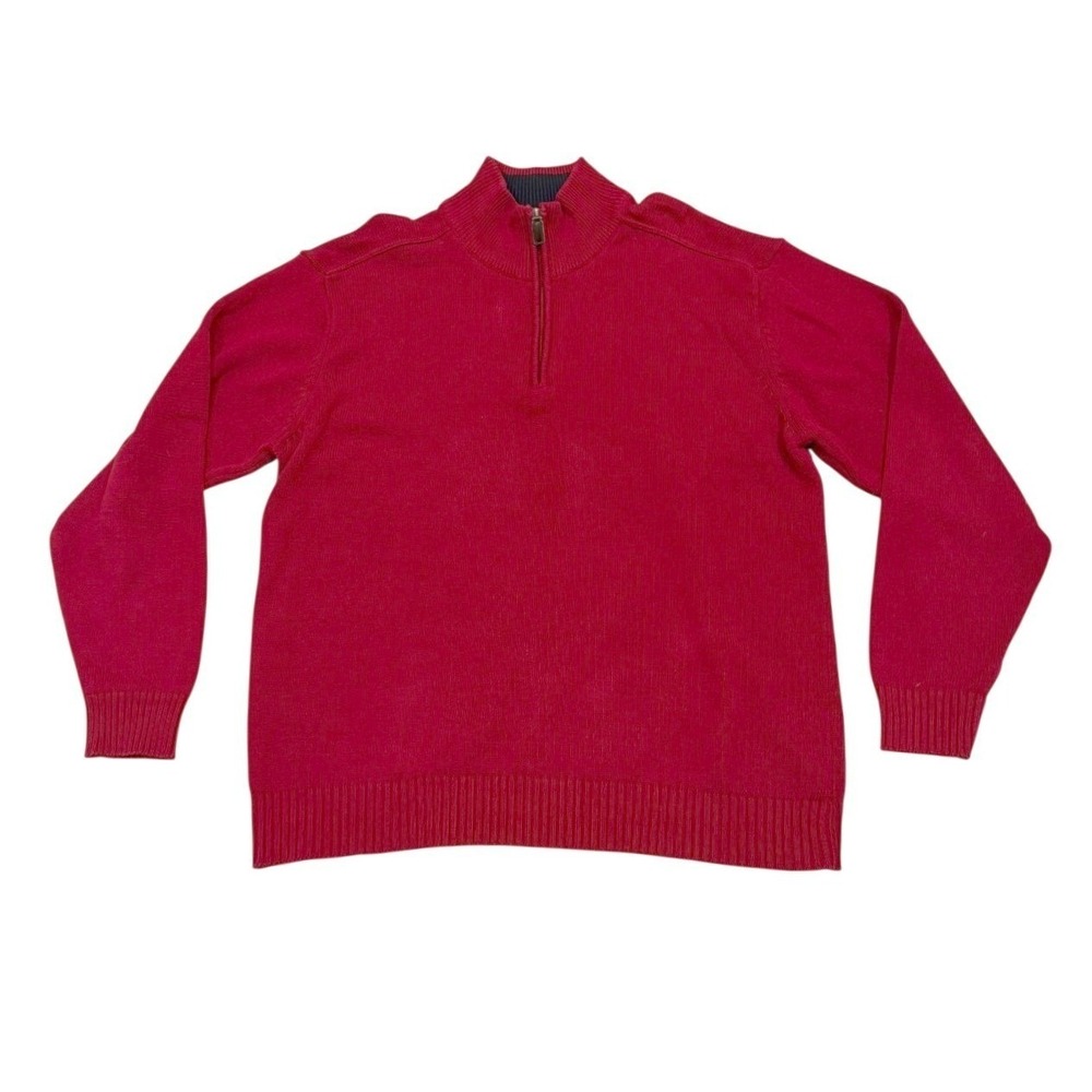 Oscar de la Renta Mens L Red Preppy Ribbed Knit 1/4 Zip Pullover Sweater Casual